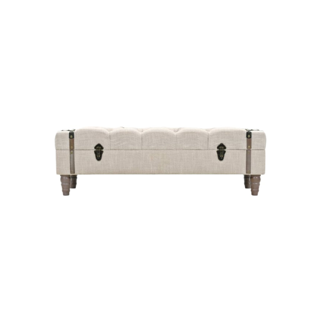 Banquette en lin beige avec rangement et cuir de selle - Design classique et élégant