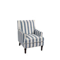 Fauteuil en tissu rayé bleu et blanc avec pieds en bois sombre.