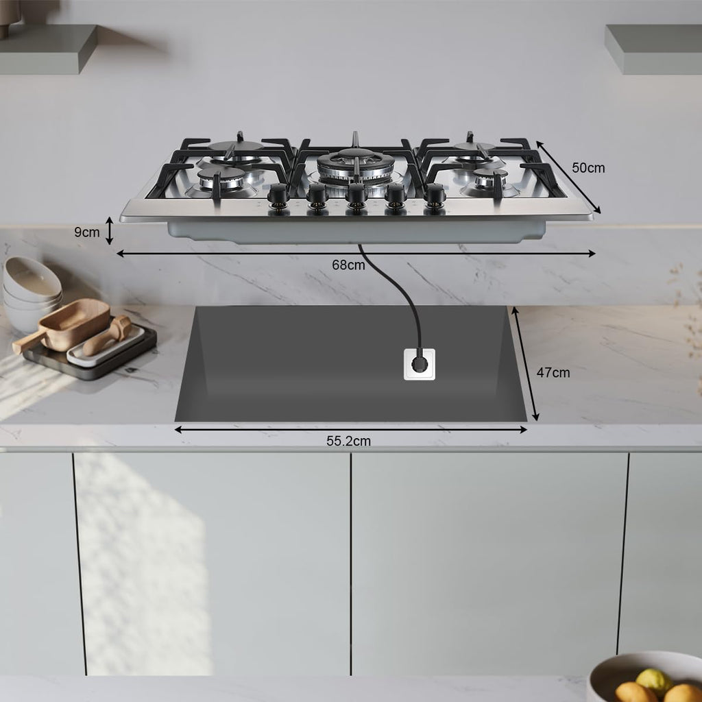 SNDOAS Plaque de Cuisson Gaz 5 Feux, Plaque Gaz avec Panneau en Acier Inoxydable, Sécurité Thermocouple, Convient pour le Gaz Naturel/Propane, 68cm, 10480 W, 220-240 V