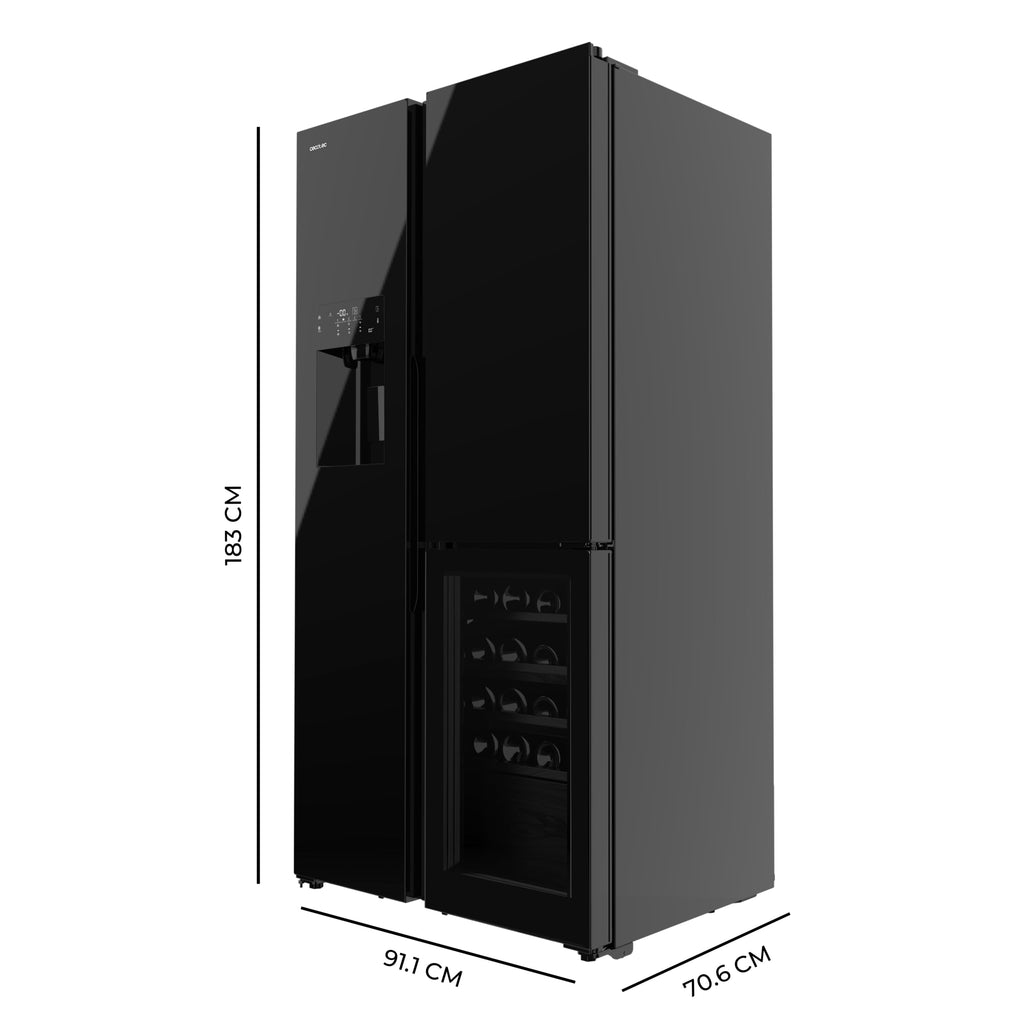 Cecotec Réfrigérateur avec 3 portes Bolero CoolMarket TDW 529 WID Black Glass E. Réfrigérateur 3 portes noir, cave à vin, 529L, Inverter Plus, Total No Frost, E, MultiAirFlow, Fast Cooling.