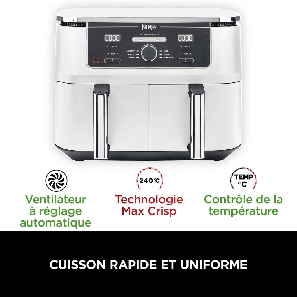 Ninja Foodi MAX Dual Zone Air Fryer, 2 Tiroirs, 9,5L, 6-en-1, Sans Huile, Air Fry, Croustillant Max, Rôtir, Cuire, Déshydrater, 8 Portions, Paniers Antiadhésifs Vont Au Lave-Vaisselle, Blanc AF400EUWH