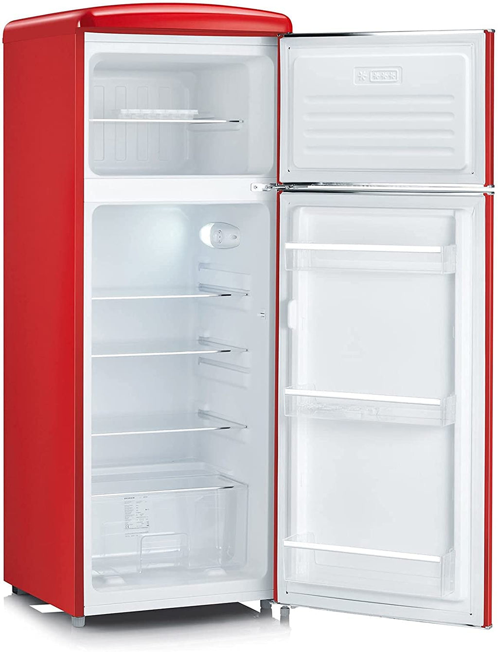 SEVERIN Réfrigérateur Congélateur 2 portes, Pose libre, Largeur 55 cm, 206L, Classe E, Veggibox incluse, Rétro, Rouge, RKG 8930