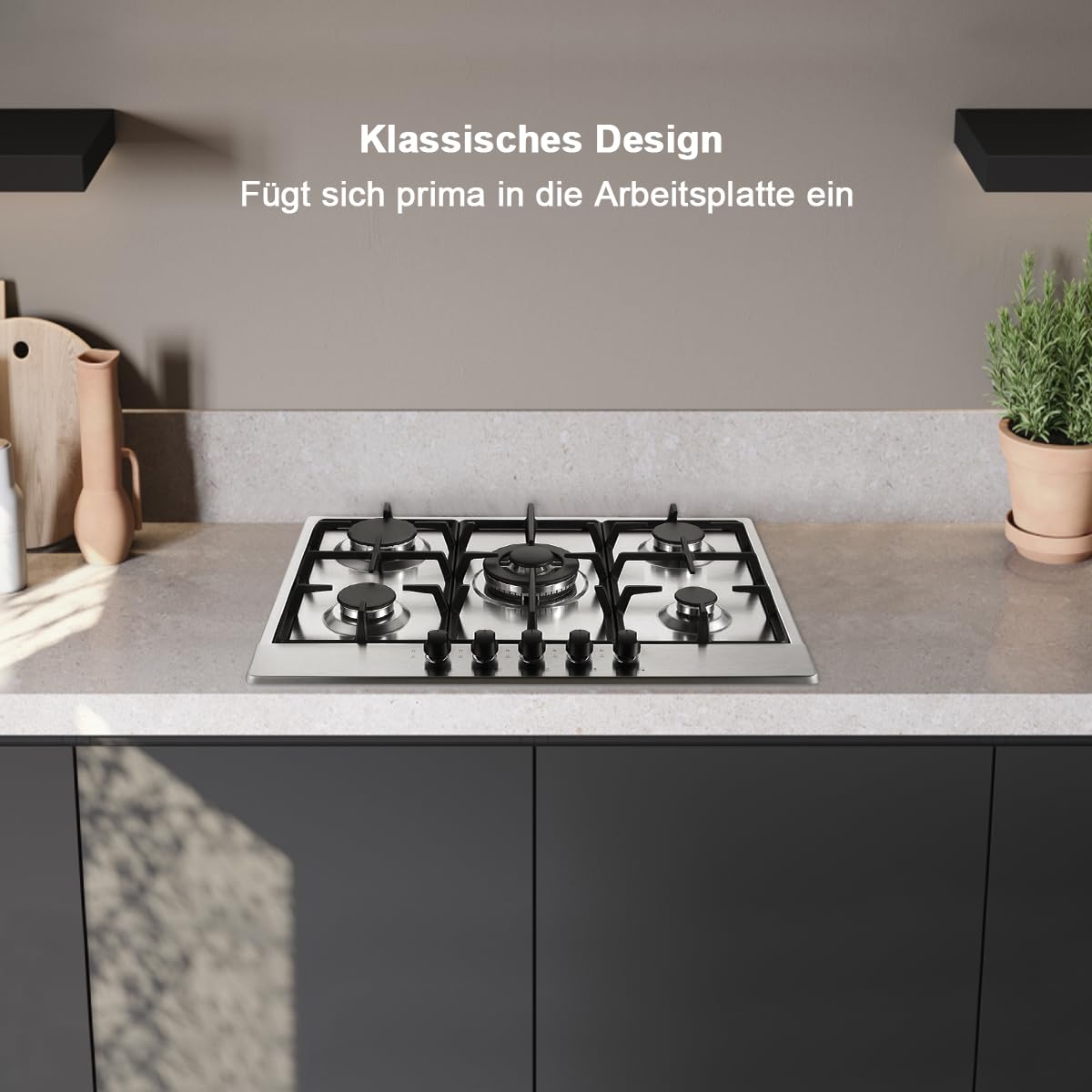 SNDOAS Plaque de Cuisson Gaz 5 Feux, Plaque Gaz avec Panneau en Acier Inoxydable, Sécurité Thermocouple, Convient pour le Gaz Naturel/Propane, 68cm, 10480 W, 220-240 V