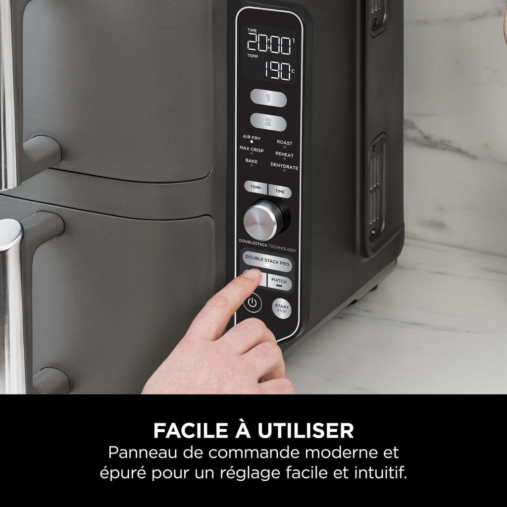 NINJA Double Stack XL Friteuse sans huile, friteuse verticale à 2 tiroirs, 4 niveaux cuisson, 2 tiroirs et 2 grilles, design compact, capacité de 9,5L, 6 fonctions de cuisson, 8 portions, gris SL400EU