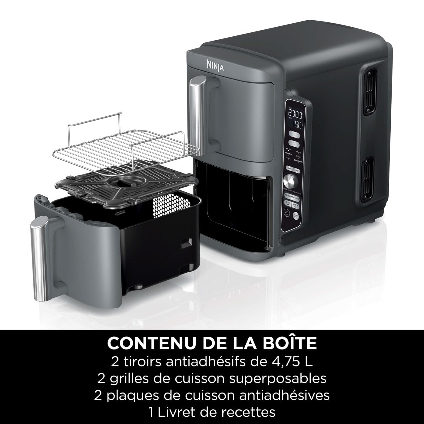 NINJA Double Stack XL Friteuse sans huile, friteuse verticale à 2 tiroirs, 4 niveaux cuisson, 2 tiroirs et 2 grilles, design compact, capacité de 9,5L, 6 fonctions de cuisson, 8 portions, gris SL400EU