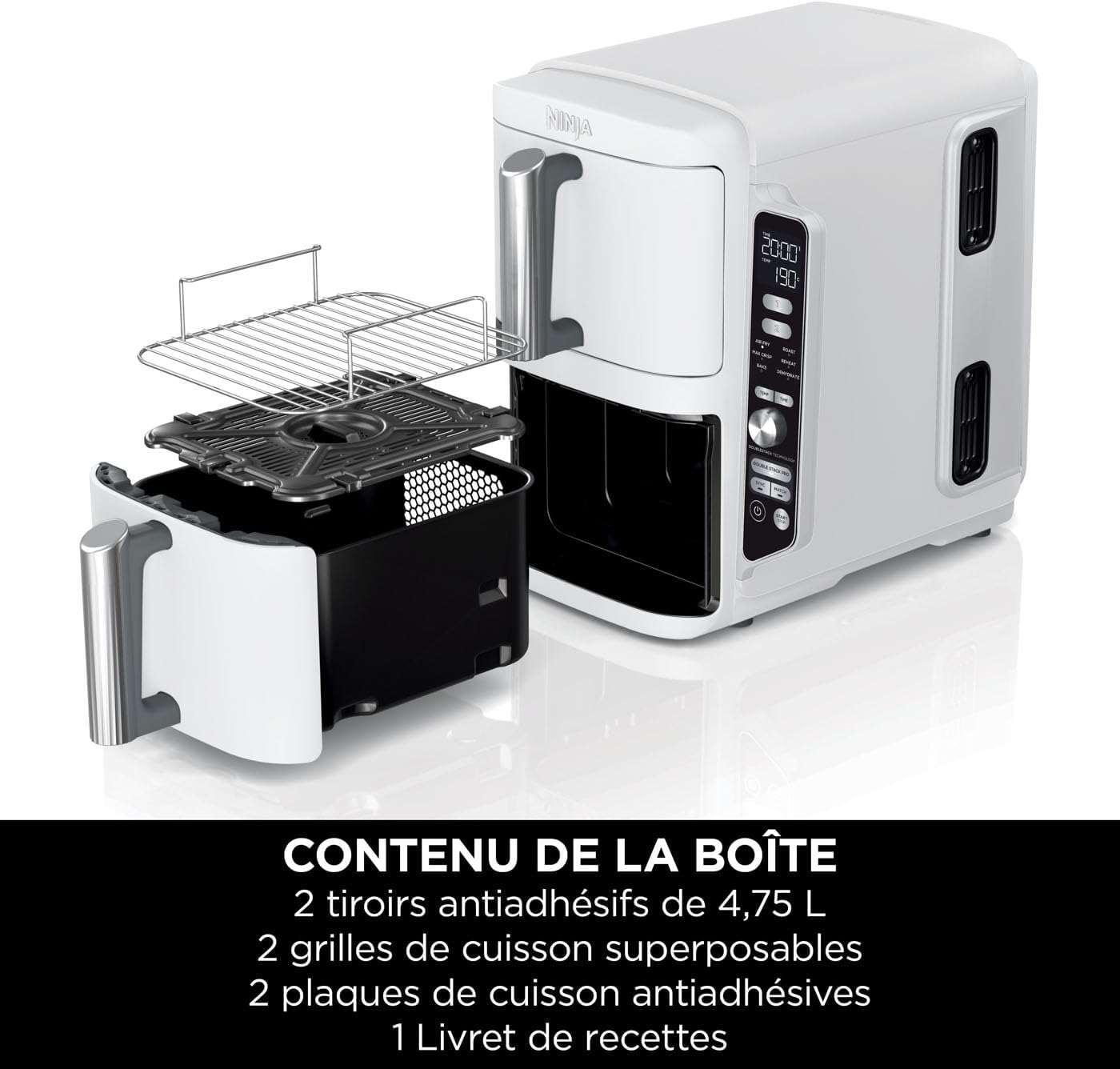 NINJA Double Stack XL Air Fryer, Friteuse sans huile Verticale Double Tiroir 4 Niveaux de Cuisson, 2 Tiroirs, 2 Grilles, Capacité de 9,5 L, 6 Fonctions, 8 Portions, Pinces, Blanc SL400EUWH