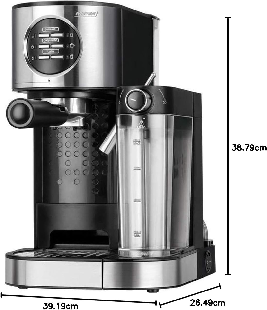 MPM MKW-07M Cafetière expresso 15 bars pour café expresso et cappuccino, réservoir chauffant lait 0,7 litres, chauffe tasses, finition acier inoxydabl