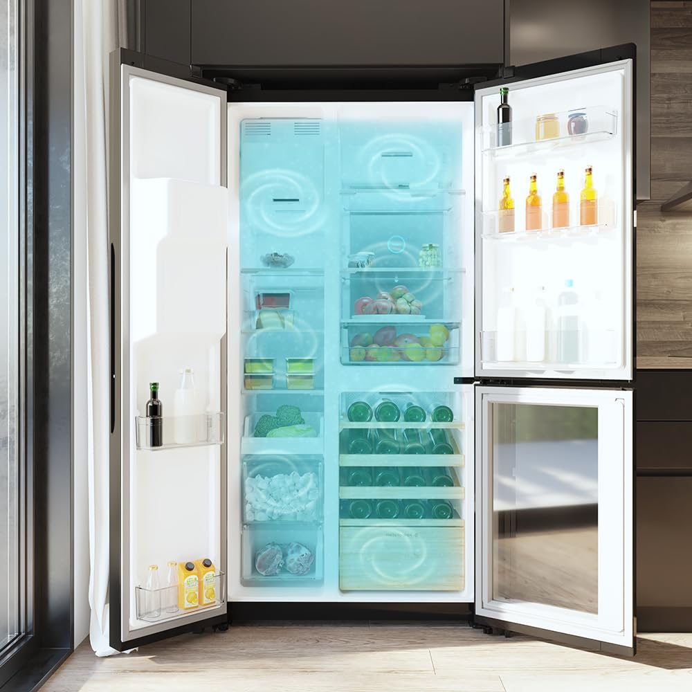 Cecotec Réfrigérateur avec 3 portes Bolero CoolMarket TDW 529 WID Black Glass E. Réfrigérateur 3 portes noir, cave à vin, 529L, Inverter Plus, Total No Frost, E, MultiAirFlow, Fast Cooling.