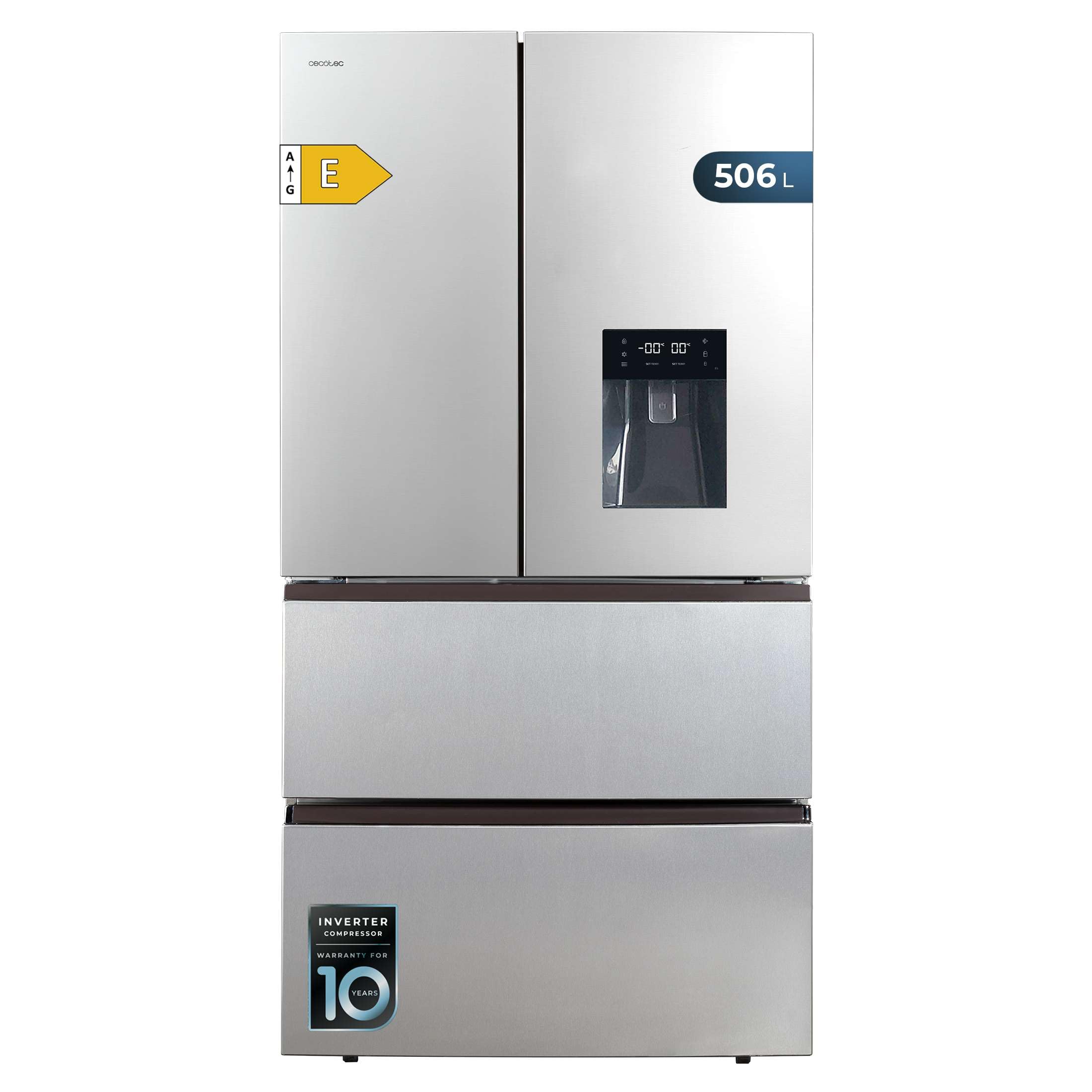 Cecotec Réfrigérateur à Double Porte en Inox avec Distributeur d'Eau de 510 L Bolero CoolMarket FD 510 WD Inox E. 183 cm de Hauteur, 84 cm de Largeur, Moteur Inverter Plus, NoFrost Total