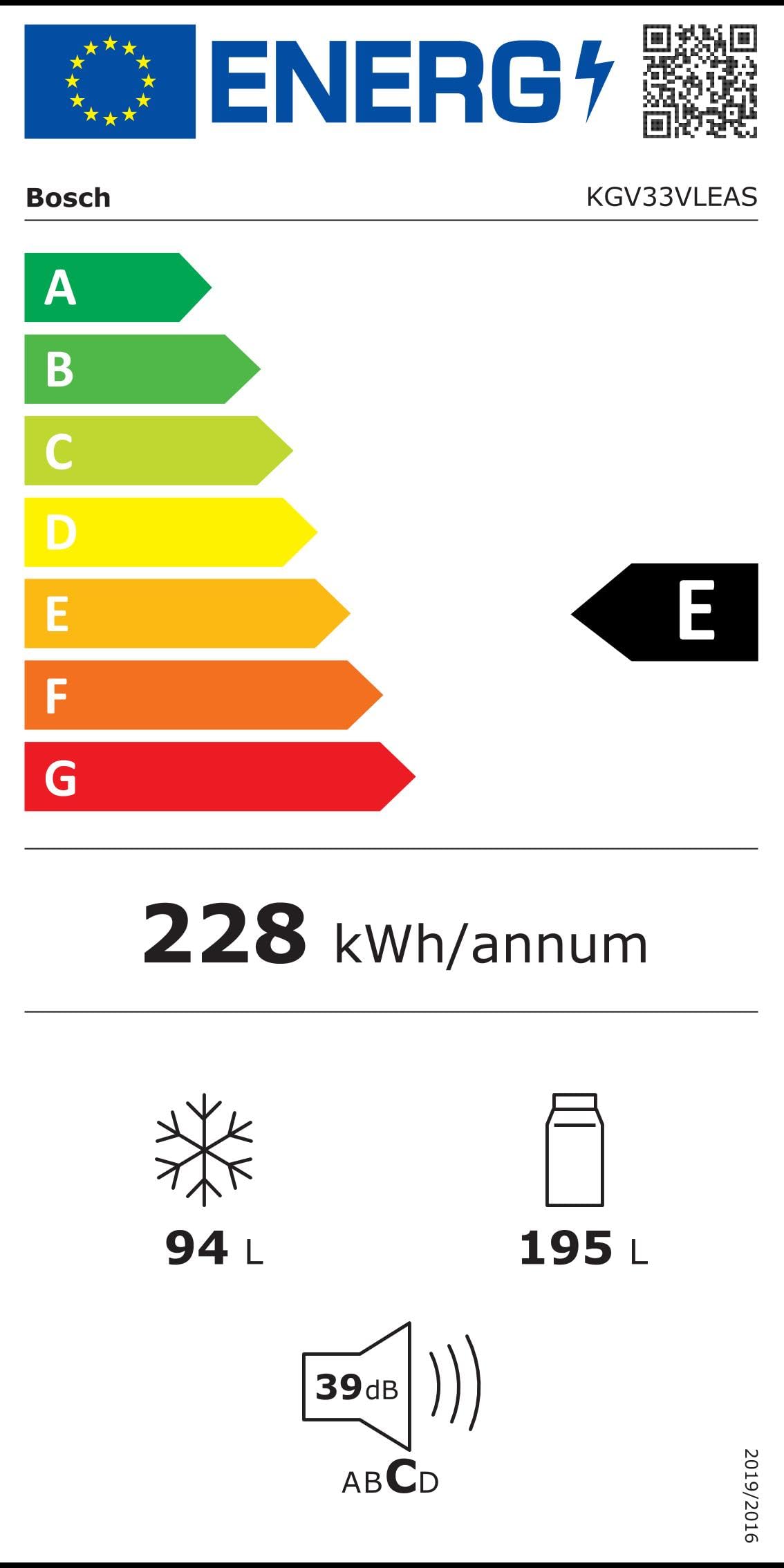 Bosch KGV33VLEAS - Réfrigérateur combiné pose libre - Série 4 - 288L - Froid brassé - L 60cm x H 176cm - Inox