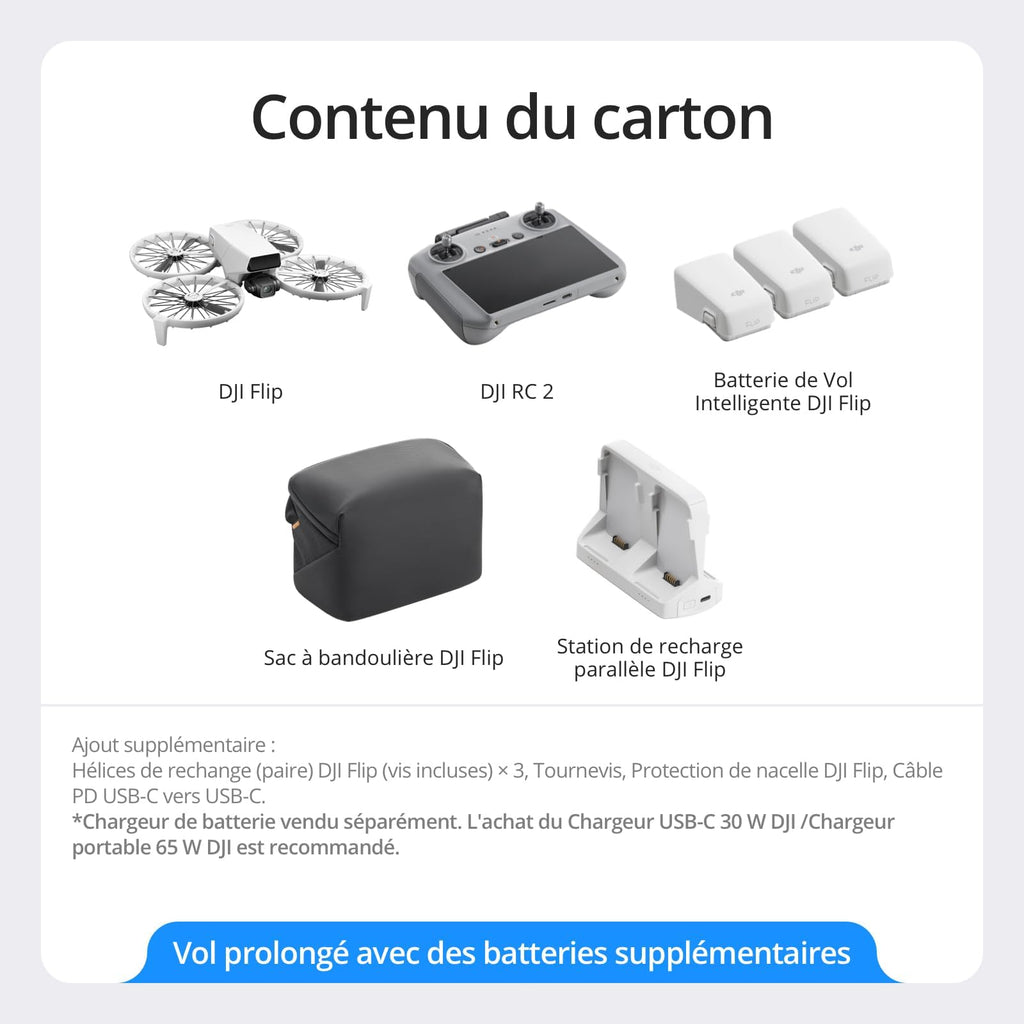 Bundle Fly More DJI Flip (radiocommande RC 2 avec écran), Drone Caméra 4K UHD pour adultes, Décollage palmaire, Retour automatique, Vol intelligent, Trois batteries pour un temps de vol de 93 min