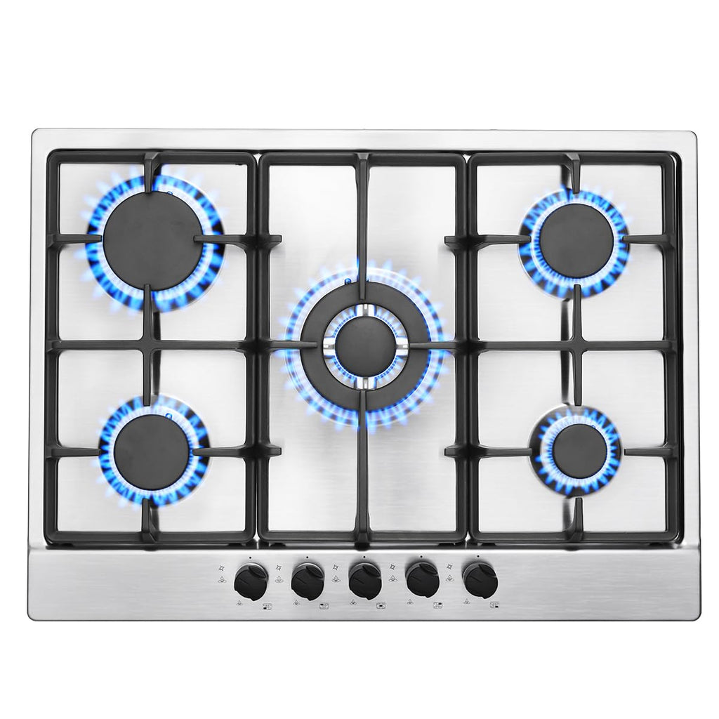 SNDOAS Plaque de Cuisson Gaz 5 Feux, Plaque Gaz avec Panneau en Acier Inoxydable, Sécurité Thermocouple, Convient pour le Gaz Naturel/Propane, 68cm, 10480 W, 220-240 V