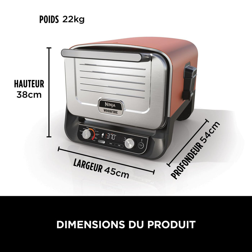 Ninja Woodfire Four à pizza extérieur électrique 8-en-1, rotissoire & fumoir barbecue avec grille, plaque pro-heat, pierre à pizza, granulés de bois et pelle, 6 réglages, orange foncé OO101EU