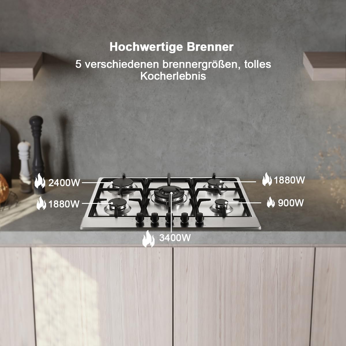 SNDOAS Plaque de Cuisson Gaz 5 Feux, Plaque Gaz avec Panneau en Acier Inoxydable, Sécurité Thermocouple, Convient pour le Gaz Naturel/Propane, 68cm, 10480 W, 220-240 V