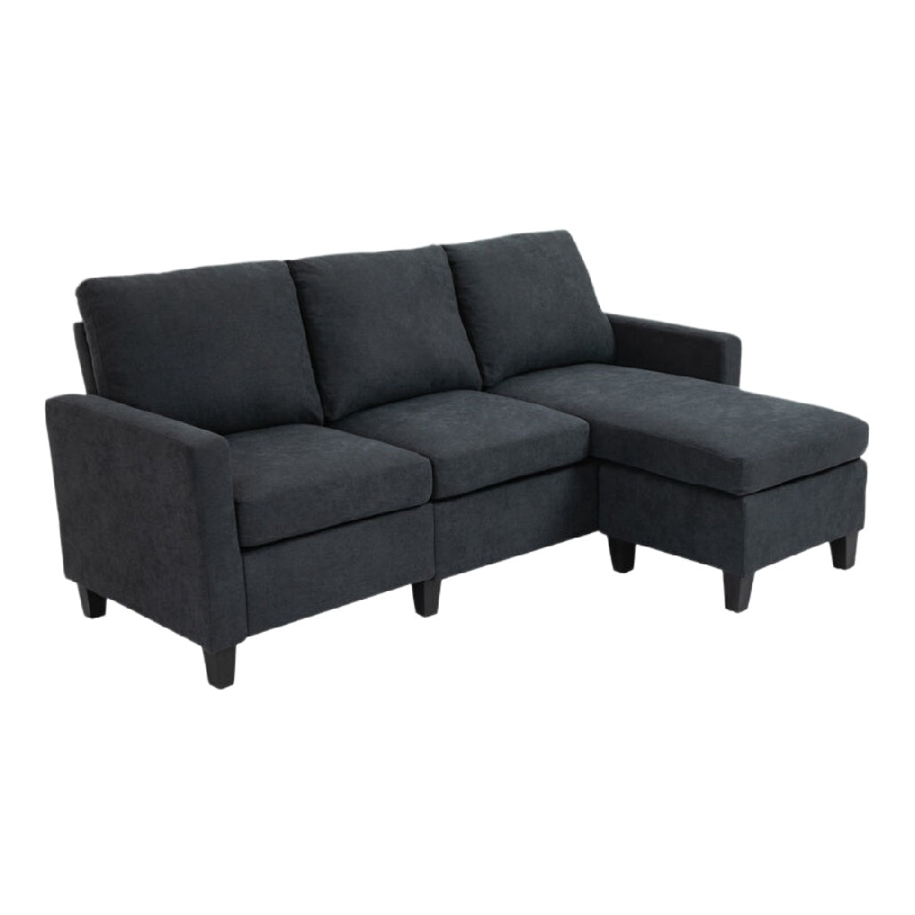 Canapé d'angle moderne en tissu gris anthracite avec repose-pieds.