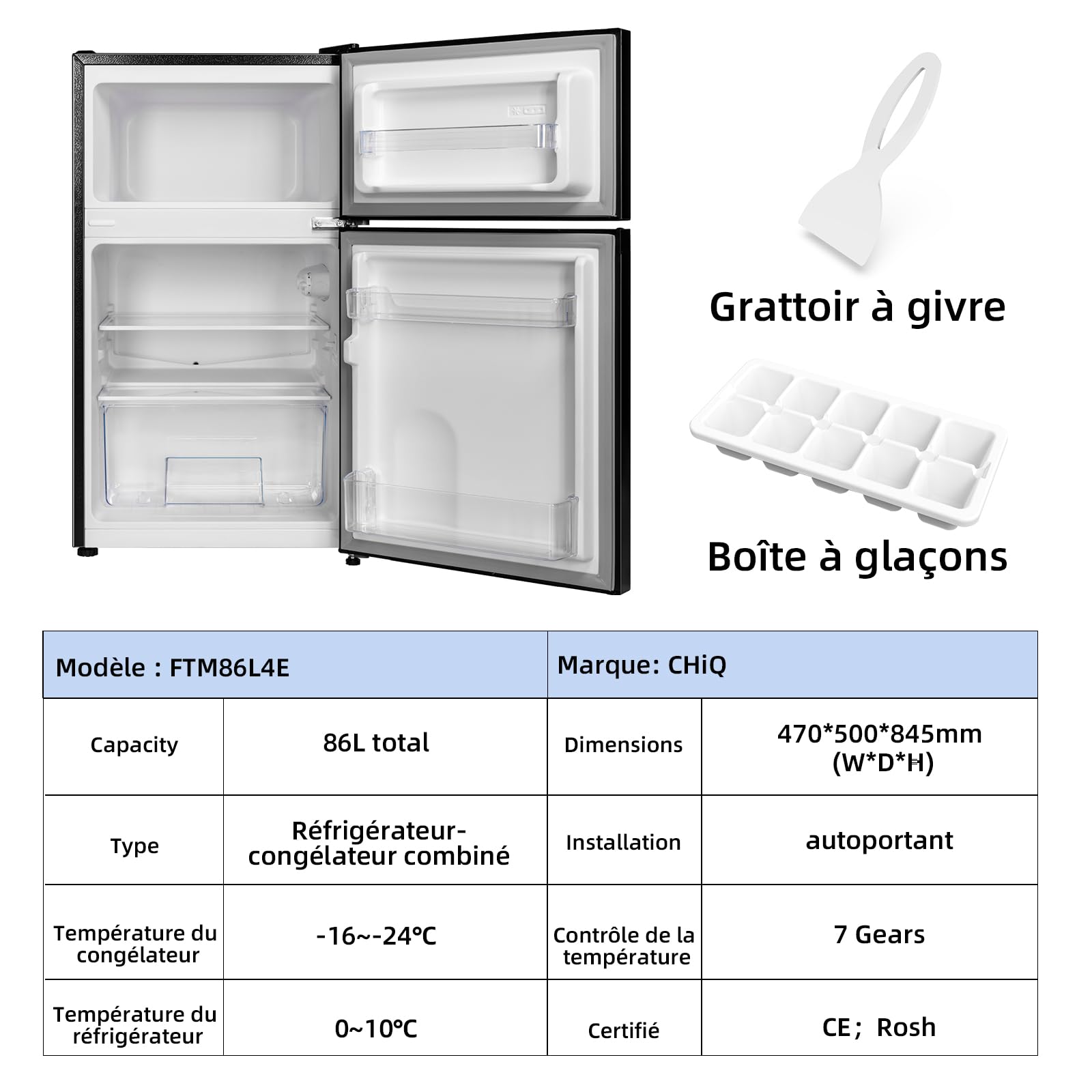 CHIQ Réfrigérateur congélateur en haut Réfrigérateur congélateur - 86 L (61/25L) - Portes réversibles, Congélateur 4 étoiles, Machine à glaçons, Garantie compresseur 12 ans, Classe E