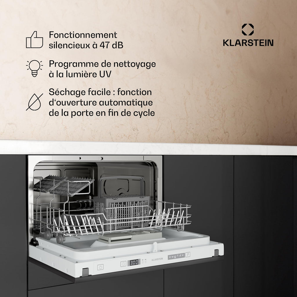 Klarstein Lave Vaisselle Encastrable - Compact 45 cm, 6 Couverts, Programme UV Hygiène, AquaStop Sécurité, Classe Énergie D, Silencieux 47 dB, Commande Intuitive