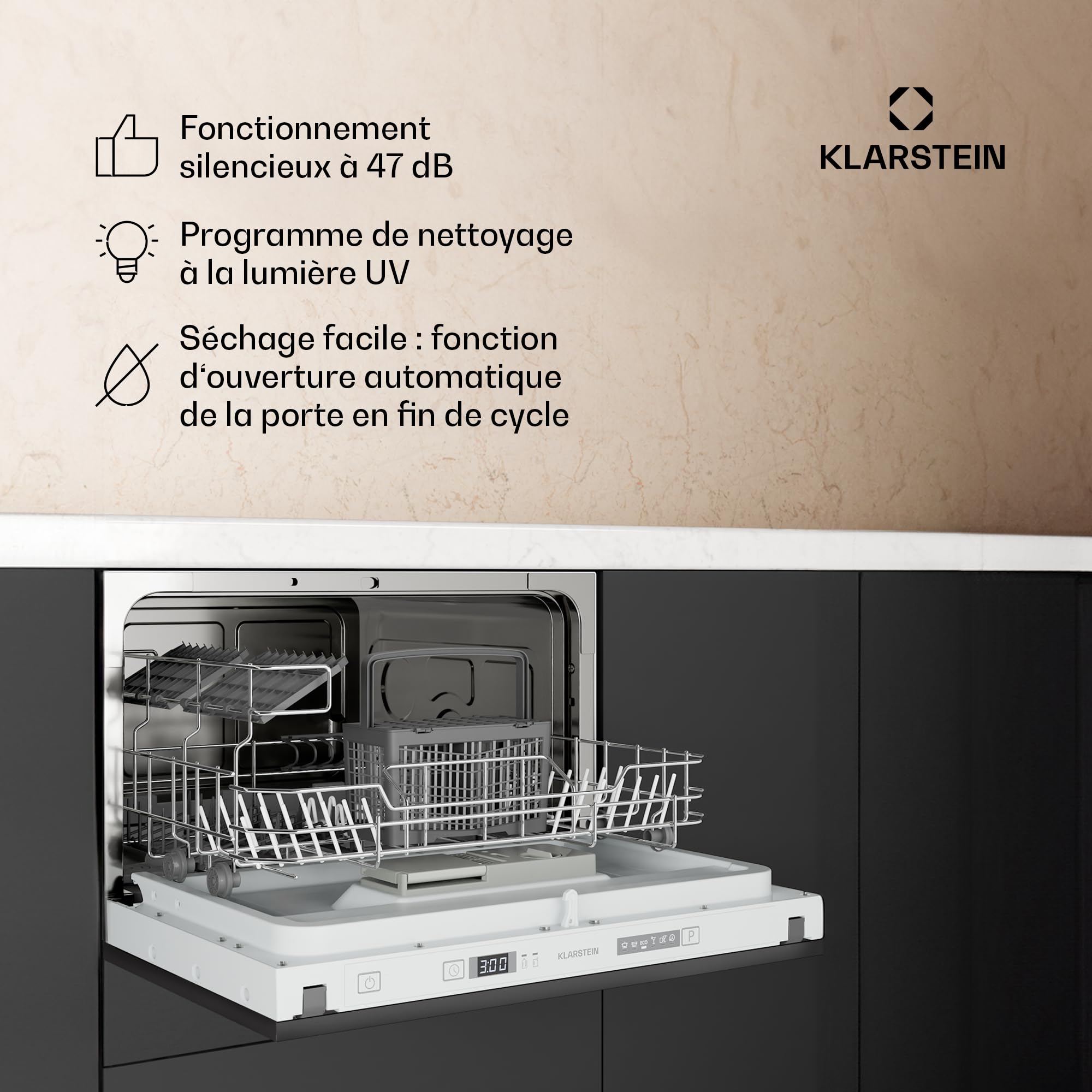 Klarstein Lave Vaisselle Encastrable - Compact 45 cm, 6 Couverts, Programme UV Hygiène, AquaStop Sécurité, Classe Énergie D, Silencieux 47 dB, Commande Intuitive