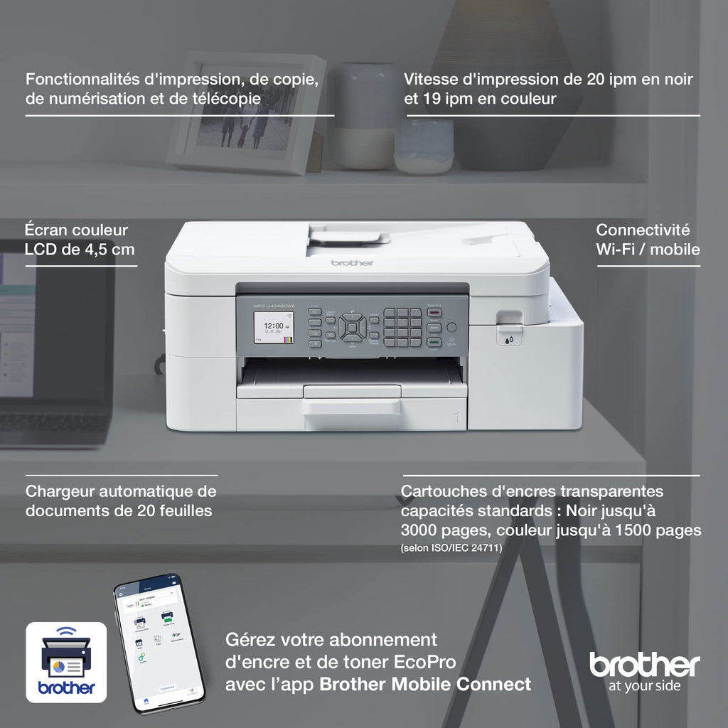 Brother MFC-J4340DWE - Imprimante Jet d'encre Couleur Multifonction sans Fil Professionnelle A4 - Eligible au Forfait d'encre EcoPro.