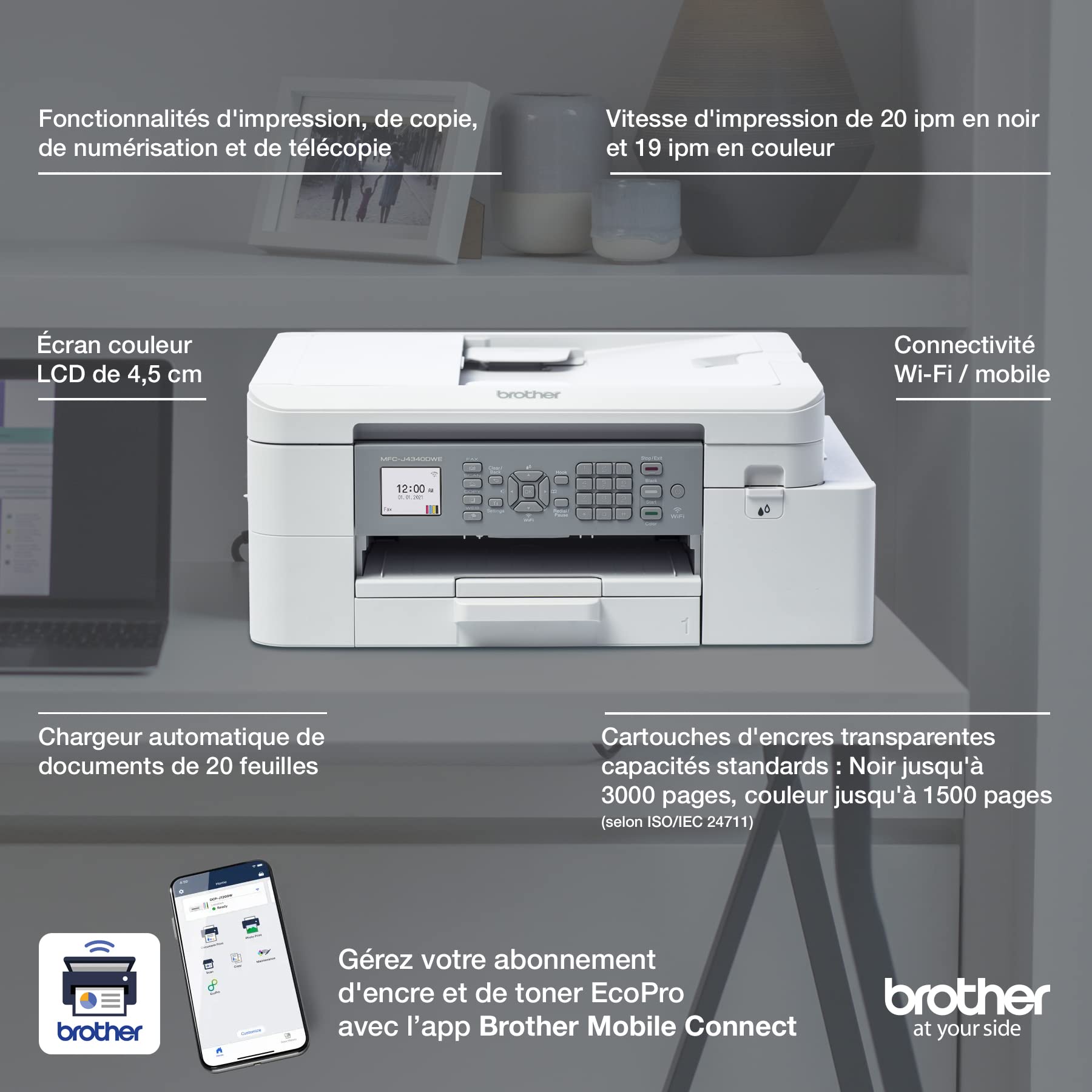 Brother MFC-J4340DWE - Imprimante Jet d'encre Couleur Multifonction sans Fil Professionnelle A4 - Eligible au Forfait d'encre EcoPro.
