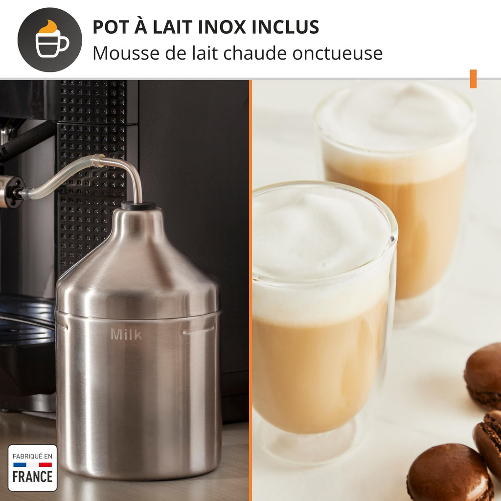 Krups Essential, Machine à café grain, Expresso automatique, 2 tasses simultanées, Ecran LCD, Nettoyage automatique, Buse vapeur, Pot à lait inox Cappuccino, Noire, EA816031
