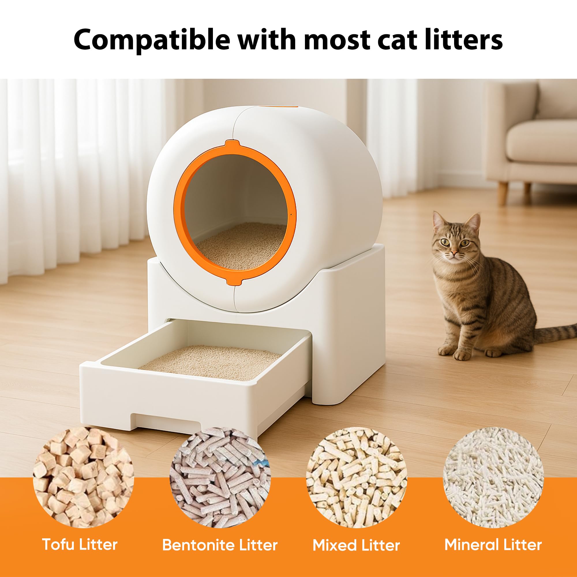 serebrant Litiere Chat Autonettoyante Bac à Litière Autonettoyante pour Chat Litière Automatique 64L Bac à Litter Automatic, Anti-fuites/Anti-pincemen
