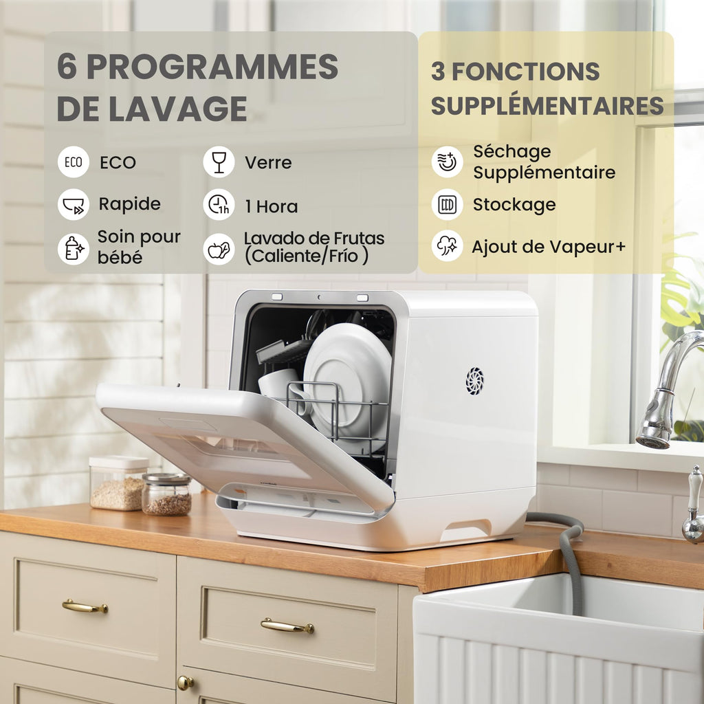 COMFEE' Lave-vaisselle de comptoir, mini lave-vaisselle de table avec 6 programmes, lavage à la vapeur,Soins pour bébé et lavage des fruits, sans plom