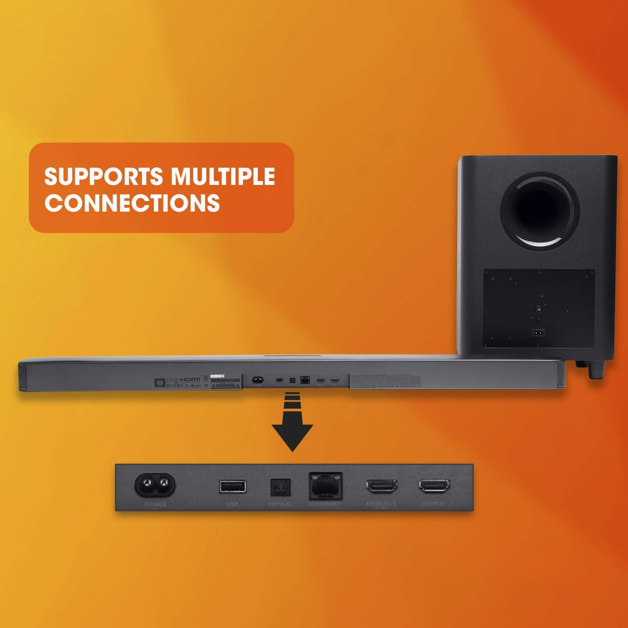 JBL Barre de Son Surround Bar 5.1 - Système de Divertissement Exclusif Amazon, capacités de Streaming et Caisson de Basses, Compatible avec Amazon Ale