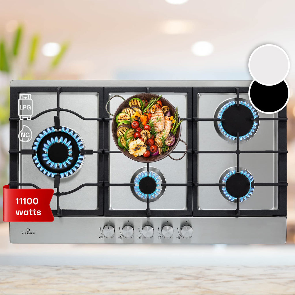 Klarstein Tables de Cuisson à Gaz, Plaque de Cuisson , Encastrable à 5 Feux de 11100W, Cuisiniere Gaz, Gaziniere avec Brûleurs en Acier Inoxydable, Cuisinières GPL