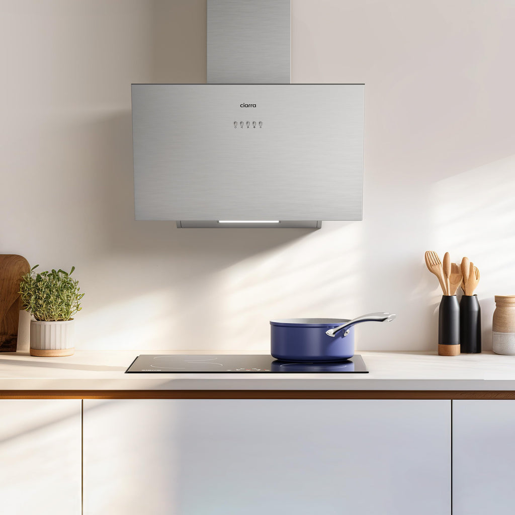Ciarra Hotte Aspirante Inclinée 60cm - Classe A+++ - 650m³/h - Hotte de Cuisine 3 Vitesses - Filtres à Charbon Inclus - Evacuation ou Recyclage - Inox