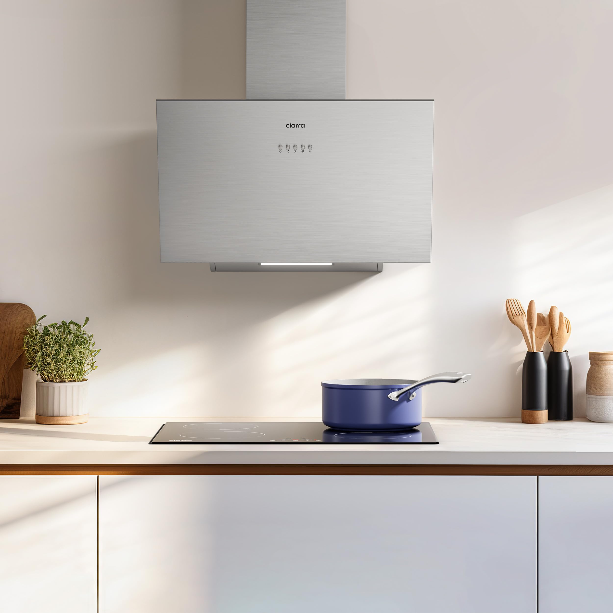 Ciarra Hotte Aspirante Inclinée 60cm - Classe A+++ - 650m³/h - Hotte de Cuisine 3 Vitesses - Filtres à Charbon Inclus - Evacuation ou Recyclage - Inox