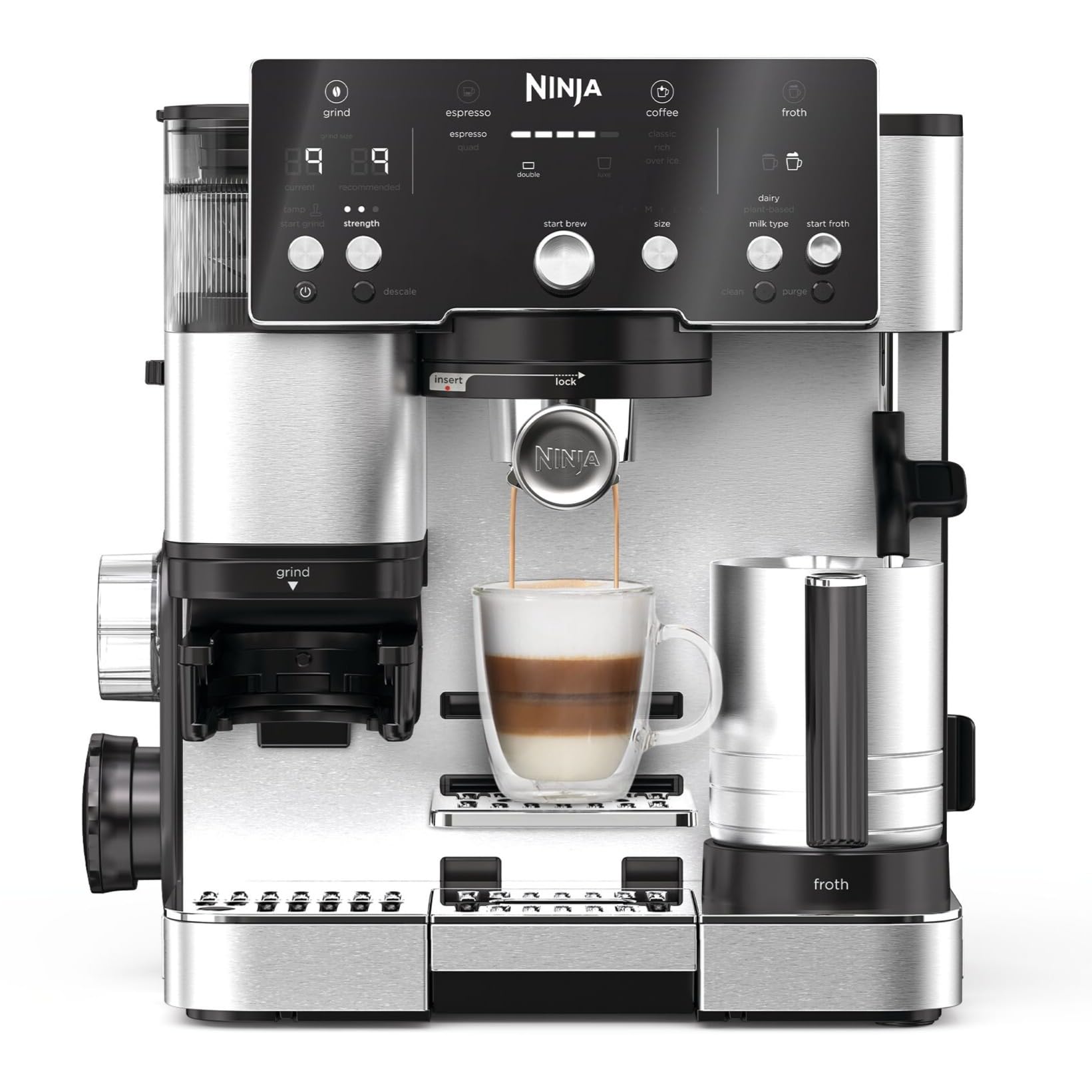 NINJA Machine à café Luxe Essential 2-en-1, Latte, Cappuccino et Espresso avec broyeur à grains et mousseur à lait intégrés, facile à utiliser, 2 préréglages mousse, argent, ES501EU