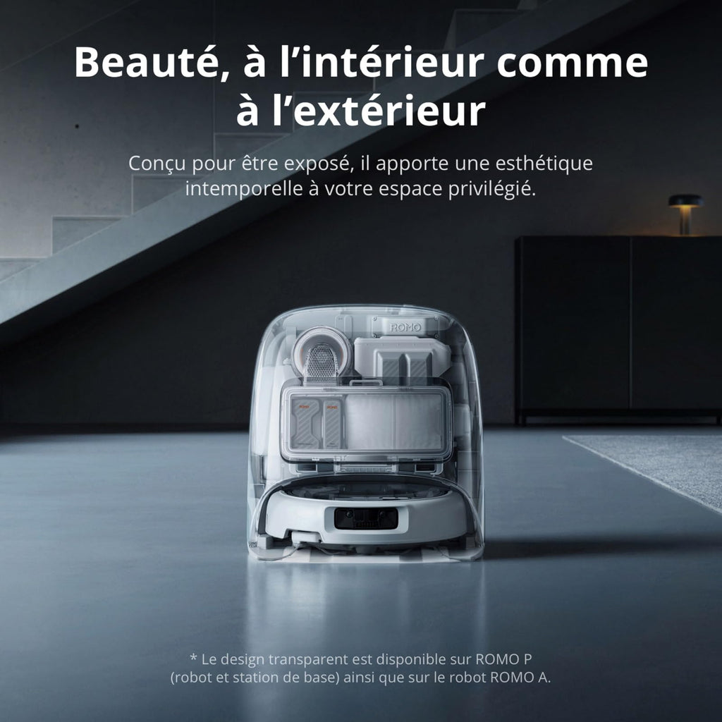 DJI ROMO P Robot Aspirateur Laveur au Design Transparent, Aspirateur Robot de 25 000 Pa, détection de Niveau Drone, 200 Jours sans Maintenance, Solutions de Nettoyage Personnalisables