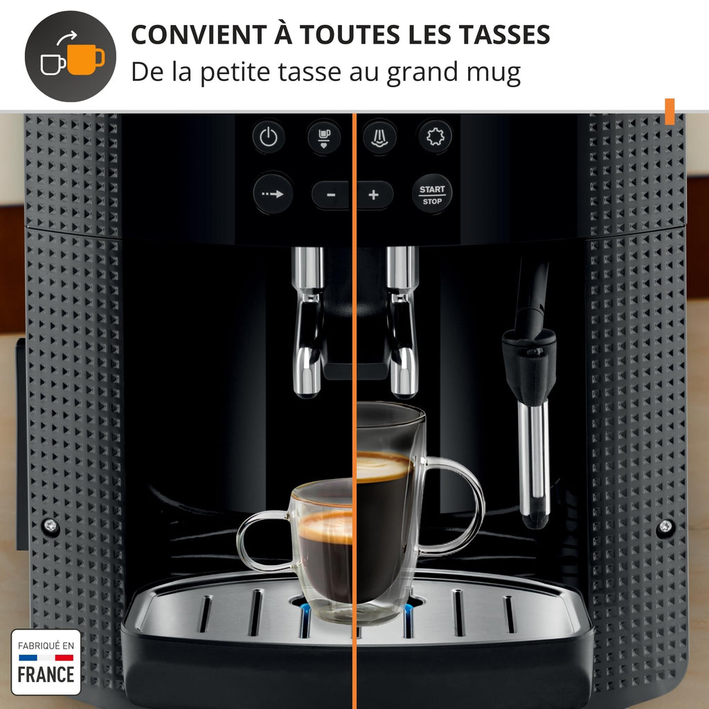 Krups Essential, Machine à café grain, Expresso automatique, 2 tasses simultanées, Ecran LCD, Nettoyage automatique, Buse vapeur, Pot à lait inox Cappuccino, Noire, EA816031