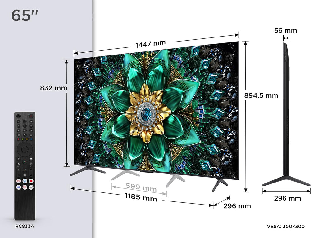 TCL 65Q6C QD-Mini LED TV, 4K HDR Premium 1000nits, Smart TV alimenté par Google (Dolby Vision IQ et Atmos, système Audio Onkyo 2.1, Motion Clarity Pro 144Hz, contrôle Vocal Mains Libres)