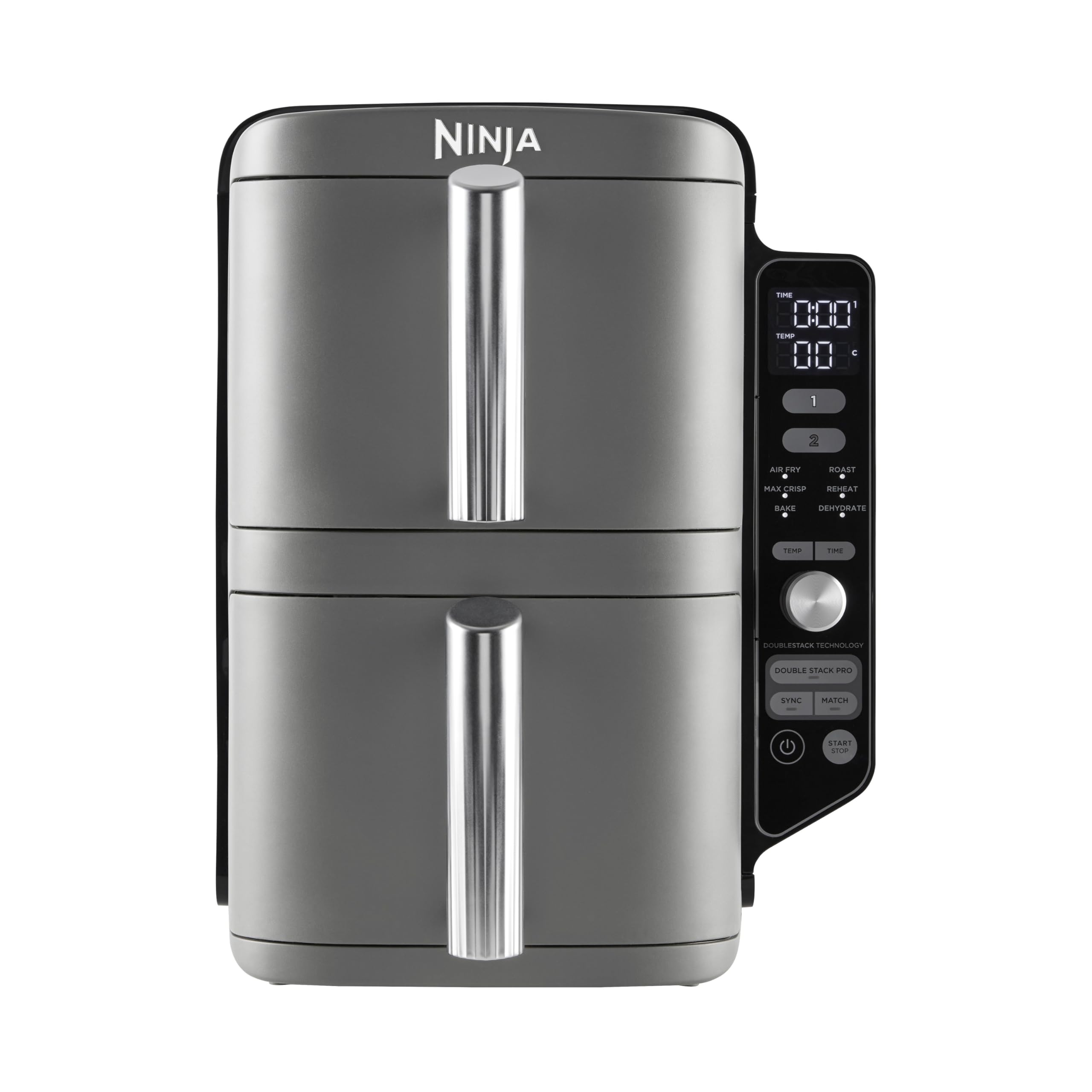 NINJA Double Stack XL Friteuse sans huile, friteuse verticale à 2 tiroirs, 4 niveaux cuisson, 2 tiroirs et 2 grilles, design compact, capacité de 9,5L, 6 fonctions de cuisson, 8 portions, gris SL400EU