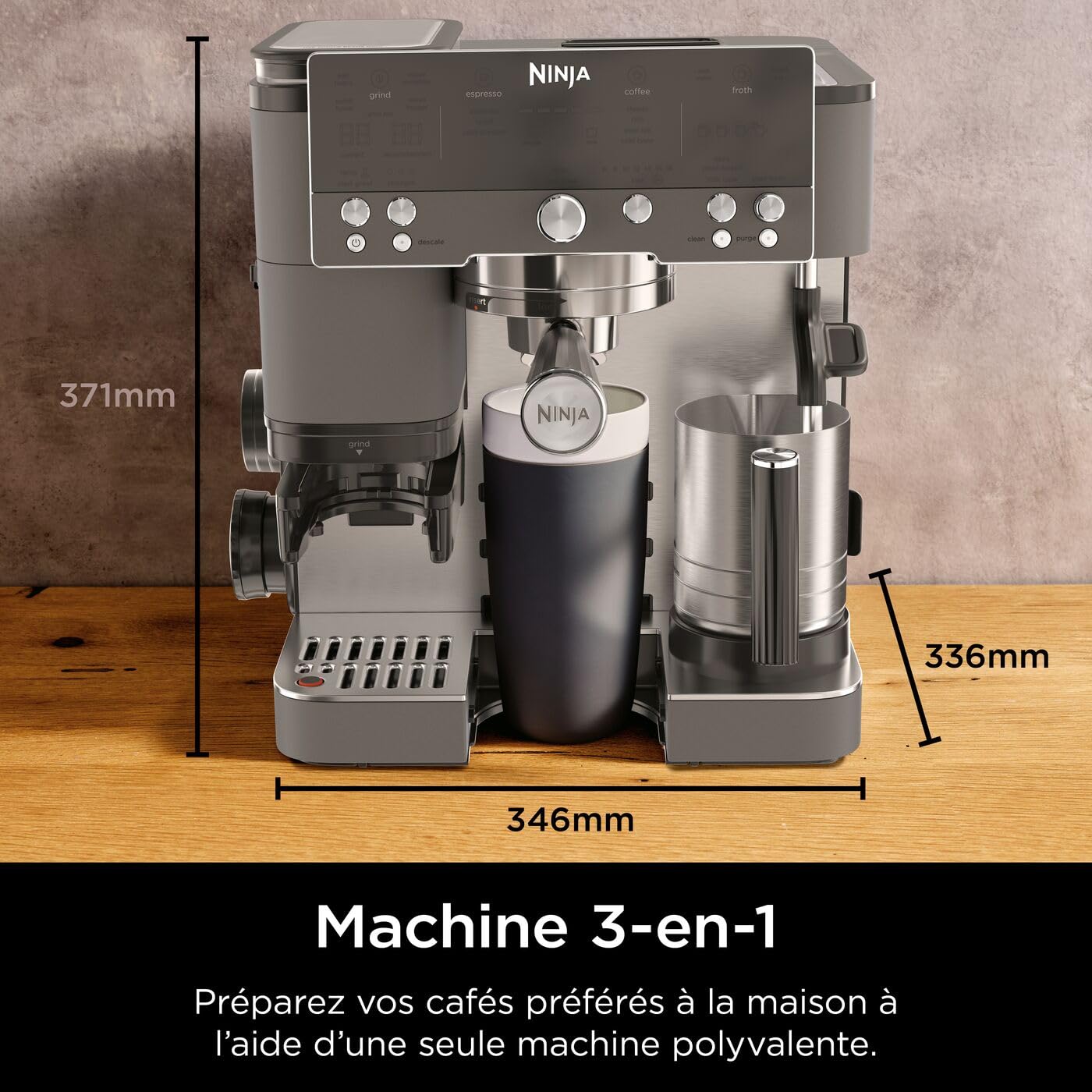 Ninja Luxe Premier Machine à café 3-en-1, Pour réaliser espressos, infusions à froid et café filtre, 4 préréglages de mousse automatiques, Gris Métalisé, ES601EUGM