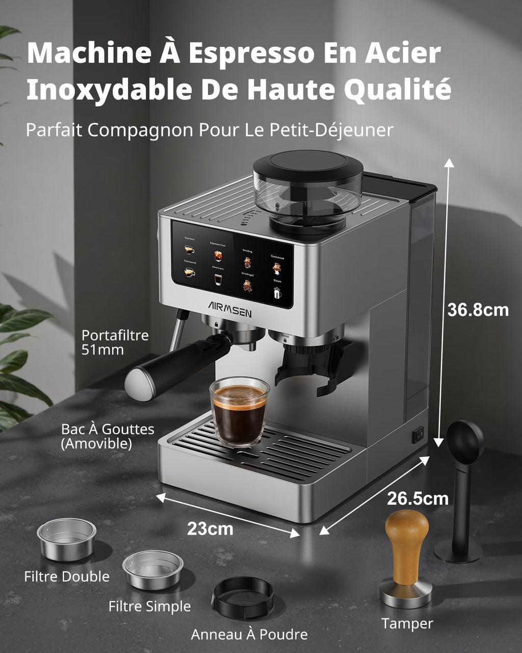 AIRMSEN Espresso Machine à Café Grain à Tasse avec Mousseur à Lait - Programmable, Écran Tactile Couleur, Compatible Café Froid (Cold Brew) et Americano, En Acier Inoxydable, Réservoir 1.8L