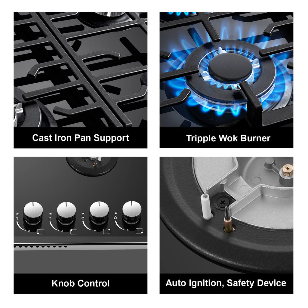 TopStrong Plaque de Cuisson Gaz 4 Feux, 60cm Plaque Gaz 4 Feux avec Supports en Fonte, Encastrable Table de Cuisson, Convertible NG/LPG, Protection Contre la Flamme, Noir Verre