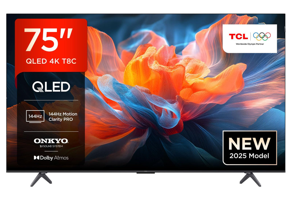 TCL 75T8C 75" QLED 4K HDR Ultra HD TV, Smart TV Powered by Google TV (Dolby Vision & Atmos, 144Hz Motion Clarity Pro, FreeSync, Onkyo 2.1 Sound, Voice Control)
