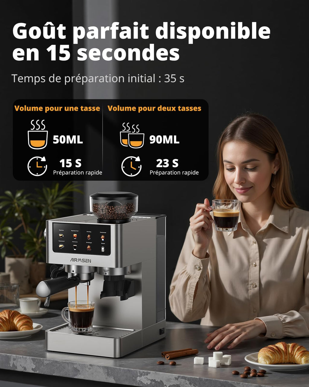 AIRMSEN Espresso Machine à Café Grain à Tasse avec Mousseur à Lait - Programmable, Écran Tactile Couleur, Compatible Café Froid (Cold Brew) et Americano, En Acier Inoxydable, Réservoir 1.8L