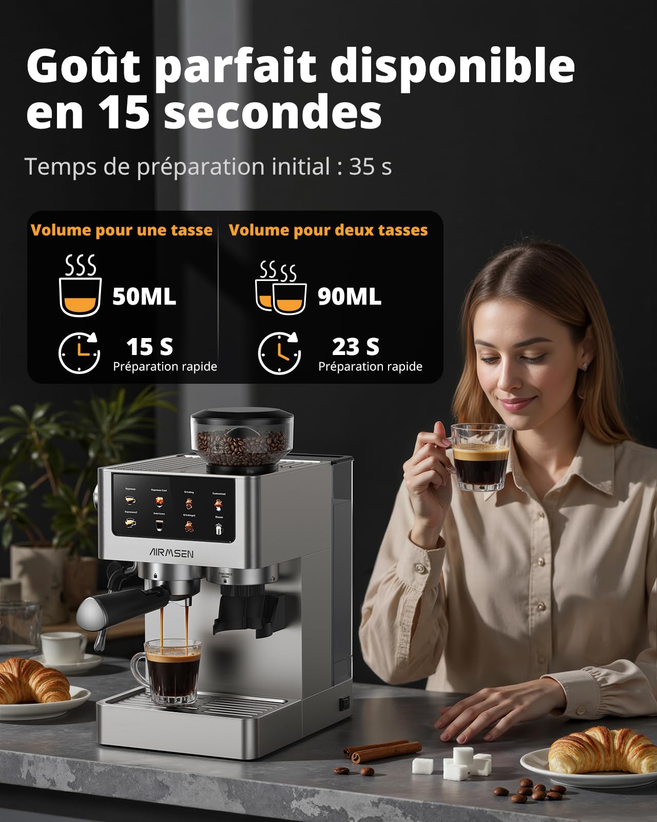 AIRMSEN Espresso Machine à Café Grain à Tasse avec Mousseur à Lait - Programmable, Écran Tactile Couleur, Compatible Café Froid (Cold Brew) et Americano, En Acier Inoxydable, Réservoir 1.8L