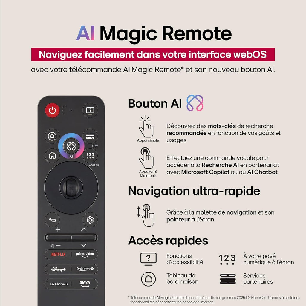 LG TV NANOCELL AI 2025 | 43NANO90| 43'' (108cm) | 4K UHD | HDR10 |webOS 25 | Télécommade AI Magic Remote | Alexa, Google Assistant | Netflix Disney+ Canal+ Prime Video | AirPlay 2 | Couleurs Pures
