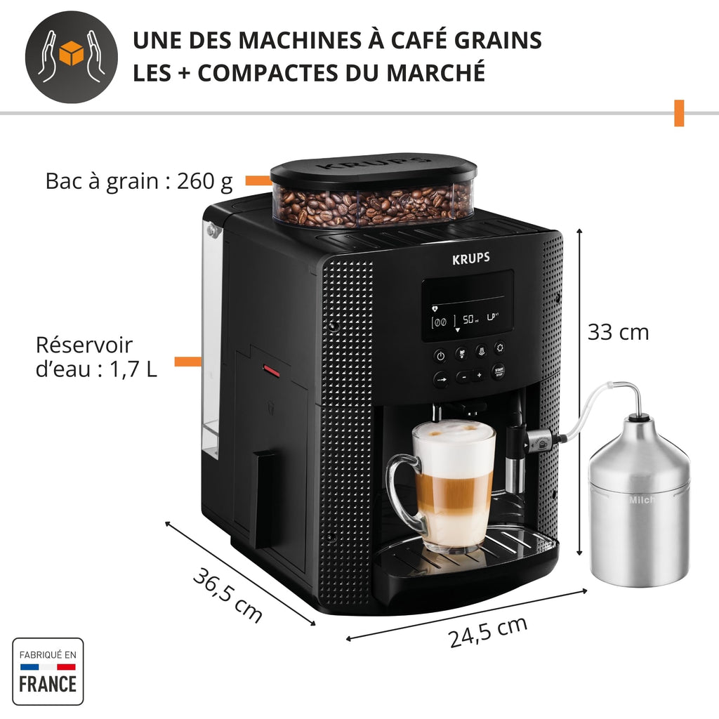Krups Essential, Machine à café grain, Expresso automatique, 2 tasses simultanées, Ecran LCD, Nettoyage automatique, Buse vapeur, Pot à lait inox Cappuccino, Noire, EA816031