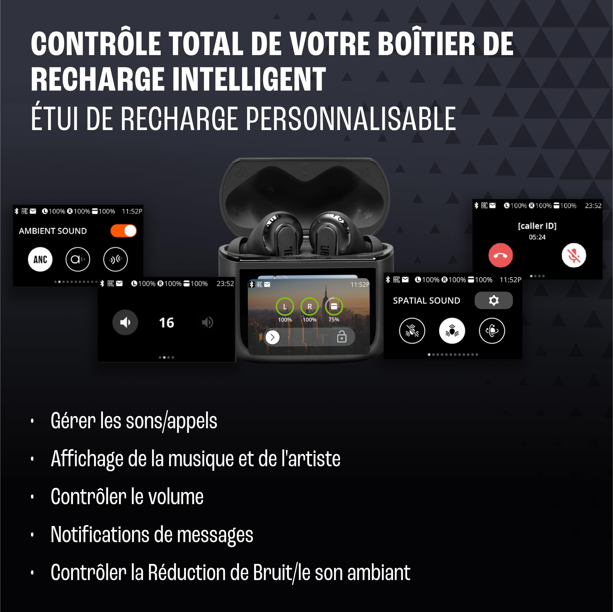 JBL Tour Pro 3, Écouteurs sans Fil, étui Intelligent de Recharge, 40h d'autonomie, avec Réduction de Bruit Adaptative, Bluetooth, Son Spatial 360, Noir
