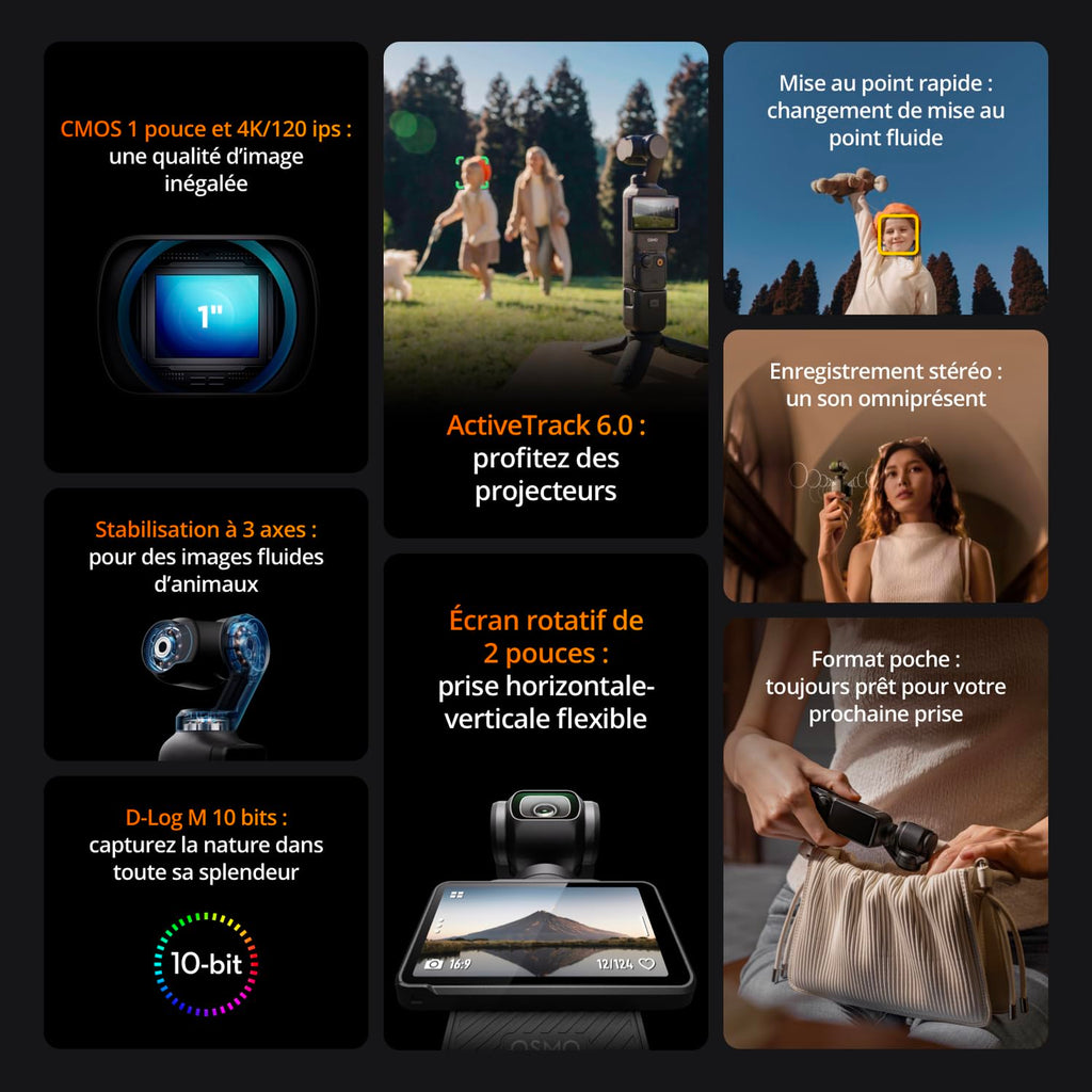 DJI Osmo Pocket 3 Créateur Bundle, camera vlog CMOS 1'' et Vidéo 4K/120 ips, digital et petite, Stabilisation à 3 axes, Suivi Facial/Objet, MAP rapide