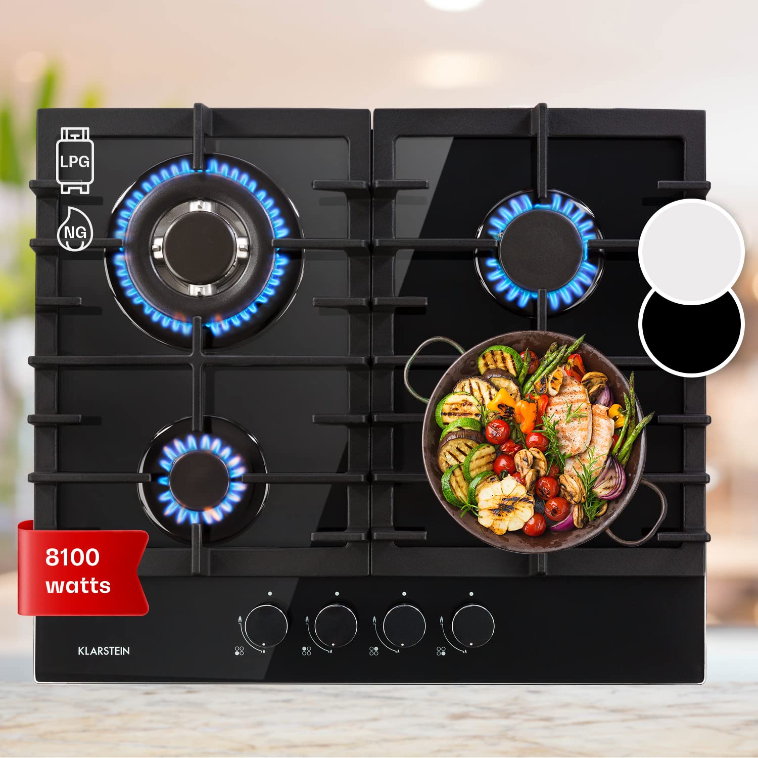 Klarstein Plaque de Cuisson Gaz à 4 Brûleurs en Acier Inoxydable, Table de Cuisson Encastrable à 4 Feux de 8100W, Cuisinières GP