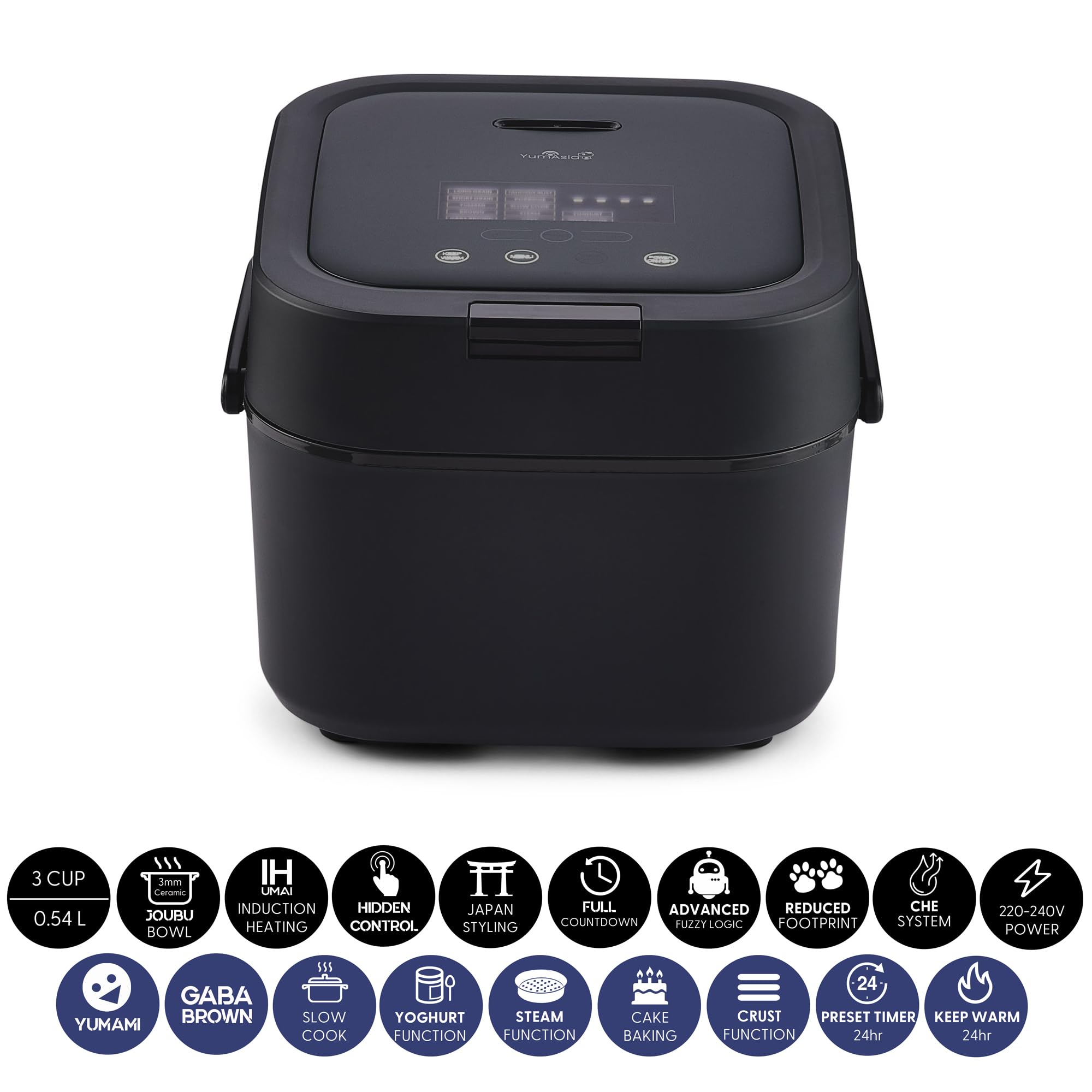 Yum Asia Hotaru Cuiseur à riz avec chauffage par induction (IH) et bol en céramique (3 tasses, 0,54 litre), 7 fonctions de cuisson du riz, 5 fonctions multicuiseur, 220-240V EU (Gris ardoise)