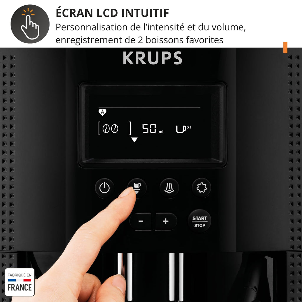 Krups Essential, Machine à café grain, Expresso automatique, 2 tasses simultanées, Ecran LCD, Nettoyage automatique, Buse vapeur, Pot à lait inox Cappuccino, Noire, EA816031