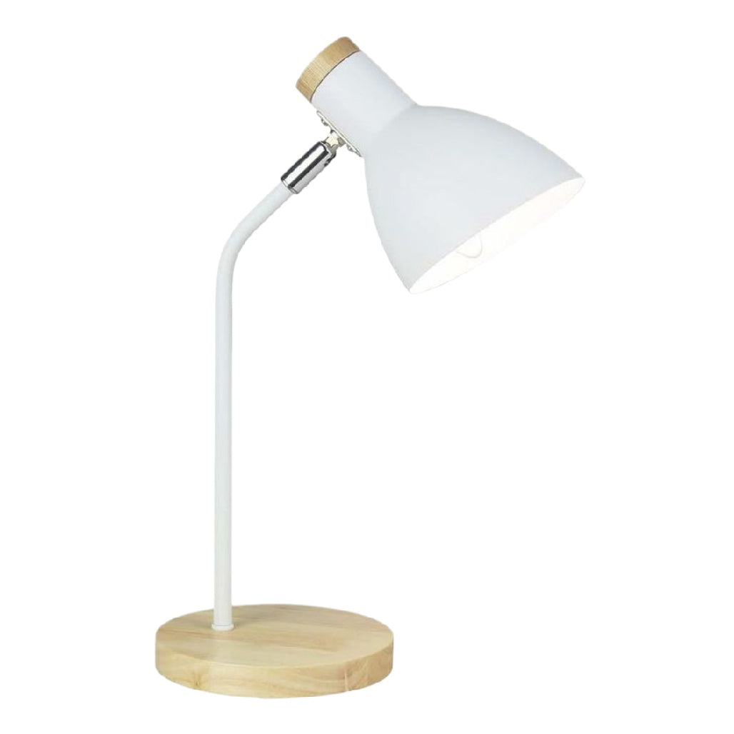 Lampe de bureau moderne blanche avec base en bois.